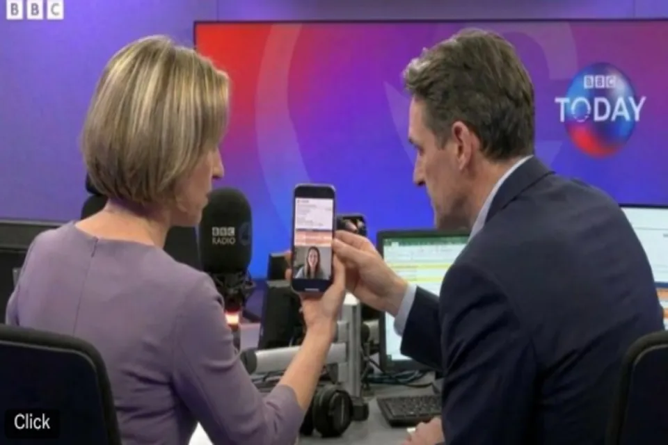Natwest boss Paul Thwaite pictured in an AI deepfake with journalist Emily Maitlis.