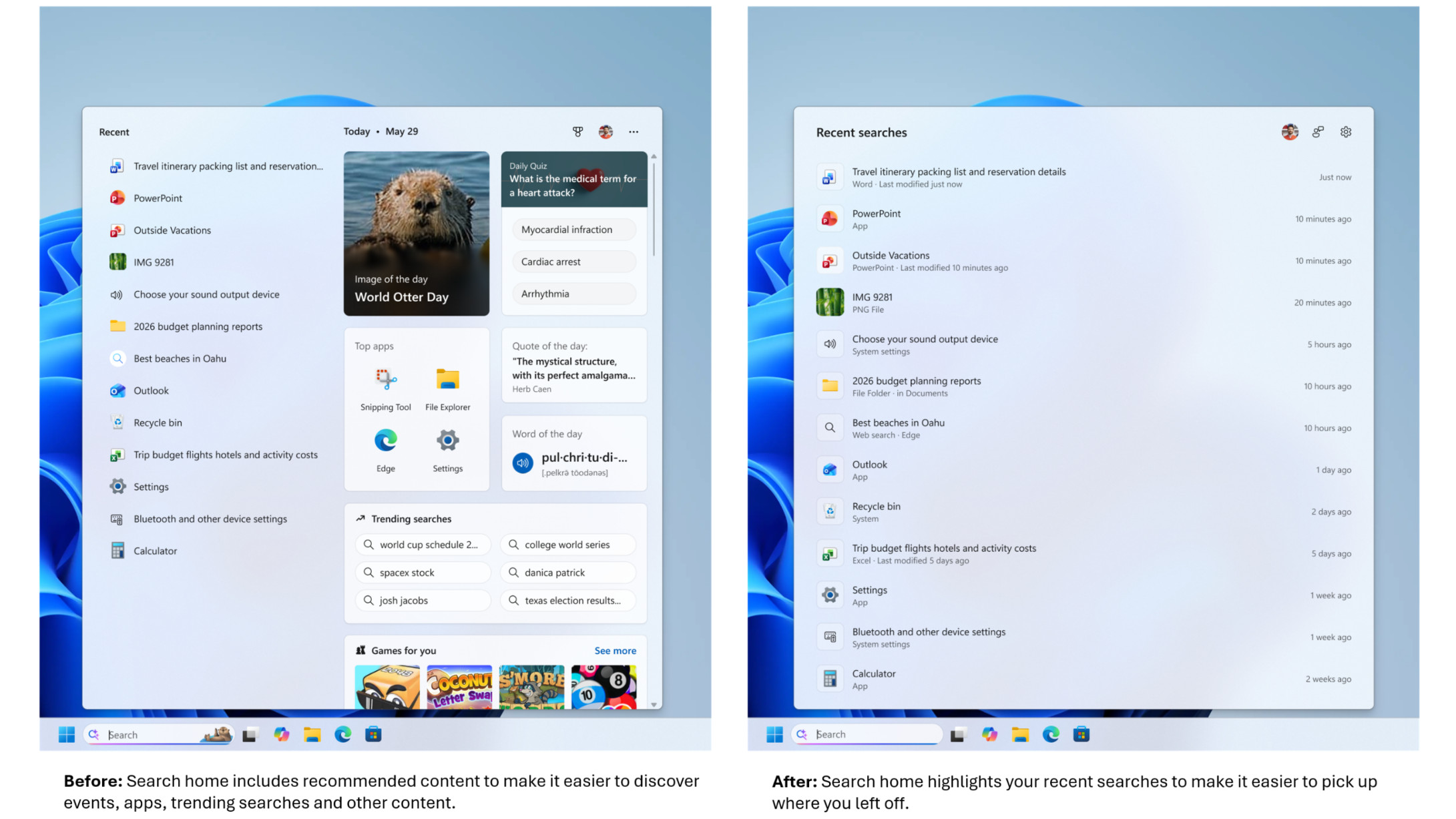 Screenshot of Windows 11 search refresh in 2026 showing old results versus new more streamlined panel