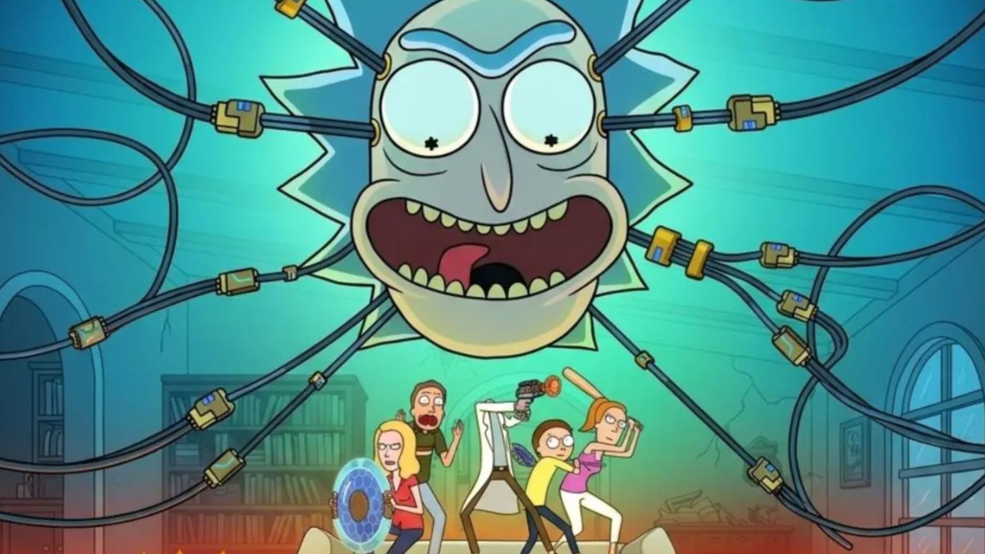 Rick's giant head hovers over the Smith family with guns