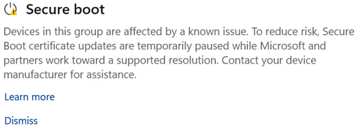 The Windows Secure Boot section of the Device Security dashboard showing that Secure Boot is affected by a known issue but can be updated by the OEM.