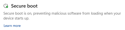 The Windows Secure Boot section of the Device Security dashboard showing that Secure Boot is working properly.