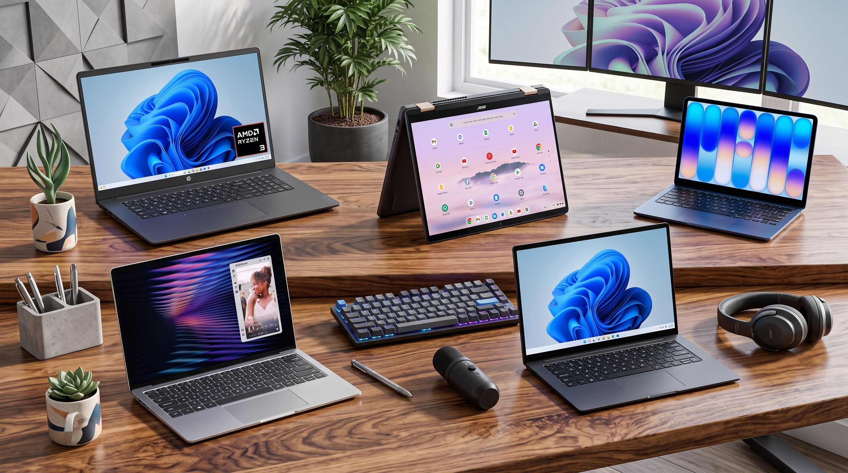 A collage of laptops on a marble surface, including a Dell XPS 13, MacBook Neo, Samsung Galaxy Book, Lenovo Chromebook and HP laptop.